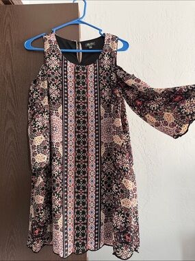 Lily Rose Black Floral Cold-Shoulder Dress with Pink and Cream Accents